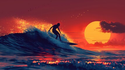 Obraz premium A surfer catching a wave at dawn, minimal style, illustration background