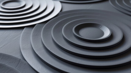 Sleek, modern black ceramics arranged in concentric circles on a dark background, creating a striking pattern with clean lines and minimalist elegance.