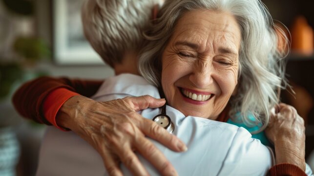 Happy Senior Woman Hugging a Doctor - Generative AI