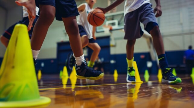 Kids Practicing Basketball Drills in Gym - Generative AI