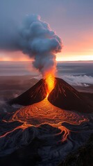 Volcano erupting with lava flow and smoke plume against a dramatic sunset sky.