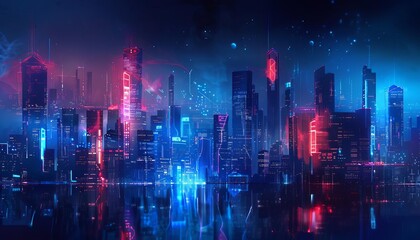 A digital cityscape with blue and red lights on a dark background