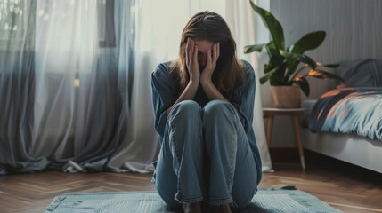 Obraz premium A woman sits on the floor with her hands covering her face, overwhelmed by emotion; the dim sunlight through the curtains casts a melancholy mood.