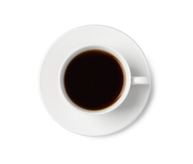 Tasty coffee in cup isolated on white, top view