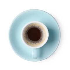 Tasty coffee in cup isolated on white, top view