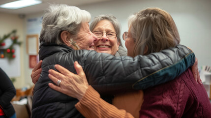 Friends and family members hug at a family gathering. Their hugs show a deep bond and support, and these moments are full of warmth and mutual love.