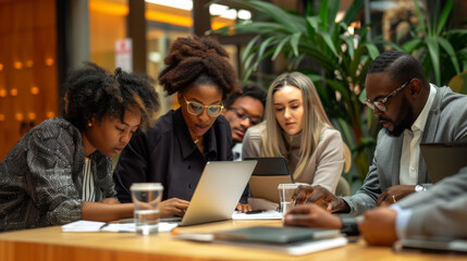 A team of colleagues in a collaborative meeting, engrossed in discussions, utilizing laptops in an open-office environment.