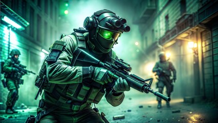 Special forces operative clad in tactical gear, face obscured by a night vision goggles, creeping through a dimly lit urban landscape, scattered debris casting long shadows, night vision goggles