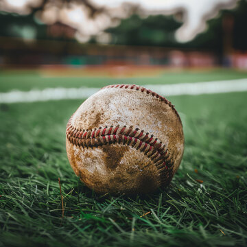 old and used baseball in grass