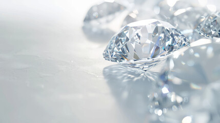 Shiny, multifaceted diamonds scattered on a smooth, light-reflecting surface, symbolizing luxury, beauty, and precision.