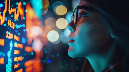Fototapeta premium Woman Analyzing Stock Market Data on a Digital Screen, Generative AI
