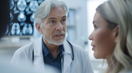 Senior doctor explaining diagnosis to patient in hospital office