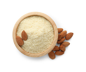 Fresh almond flour in bowl and nuts isolated on white, top view