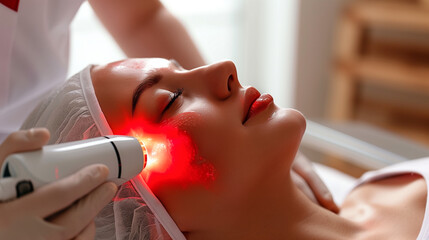 A woman undergoing a professional laser treatment. A ray of red light precisely directed at her skin supports collagen production, reducing the visibility of wrinkles and ensuring a healthy appearance
