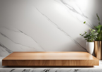  Kitchen podium background food product stand table pedestal display wooden platform. Empty podium counter wood background kitchen board desk restaurant top white light marble presentation interior. 