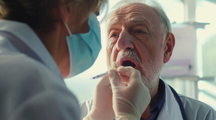 Female doctor taking nasal swab from senior male doctor for coronavirus testing