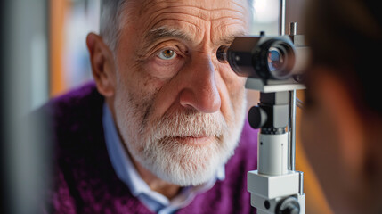 Senior man undergoing eye exam with optometrist using slit lamp