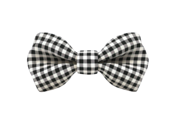 A black and white checkered bow tie is displayed on a white background. The bow tie is neatly tied and has a classic, elegant look. The checkered pattern adds a touch of sophistication to the tie
