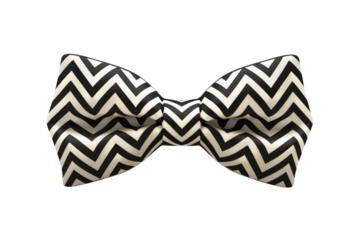 A black and white striped bow tie with a white stripe. The bow tie is folded and has a zigzag pattern