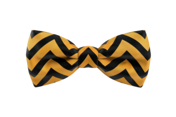 A yellow and black striped tie with a black and gold stripe. The tie is zigzag in design