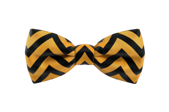 A yellow and black striped tie with a black and gold stripe. The tie is zigzag in design