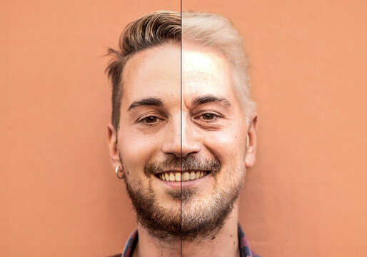 Split face of a young and old man illustrating the aging process. Half of the face shows youthfulness while the other half displays the effects of aging. A visual comparison of different life stages.