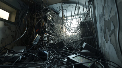 An overwhelming tangle of wires and cables dominates a dark, cluttered room, hinting at a chaotic and tech-centric environment.