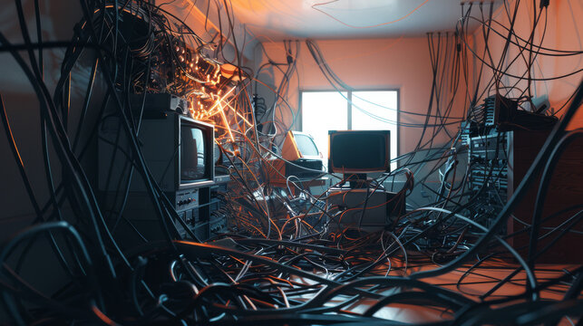 Tangled wires and cables overwhelm a small room filled with vintage computer equipment and electronics, lit by a single window.