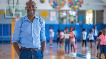 Smiling Coach in Gym with Children - Generative AI