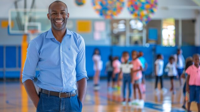 Smiling Coach in Gym with Children - Generative AI