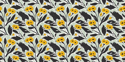 Modern printed fabric flower block print pattern with linen texture effect. Stylized boho dark floral for chic fashion background motif border design.