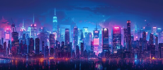 Obraz premium A bustling cityscape at night, showcasing vibrant lights and tall skyscrapers, ideal for urban lifestyle themes