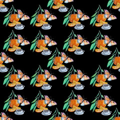 Fototapeta premium cup of tea and orange with butterfly