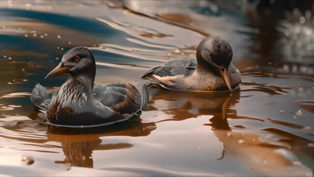 Image of oil spill affecting seabirds illustrating harmful effects of pollution. Concept Pollution Impact, Marine Life, Environmental Destruction, Wildlife Conservation, Oil Spill Consequences