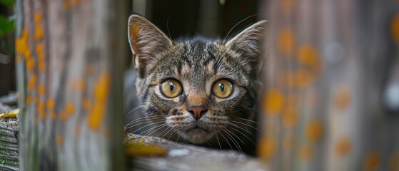 A cat peeking through a hole in a fence