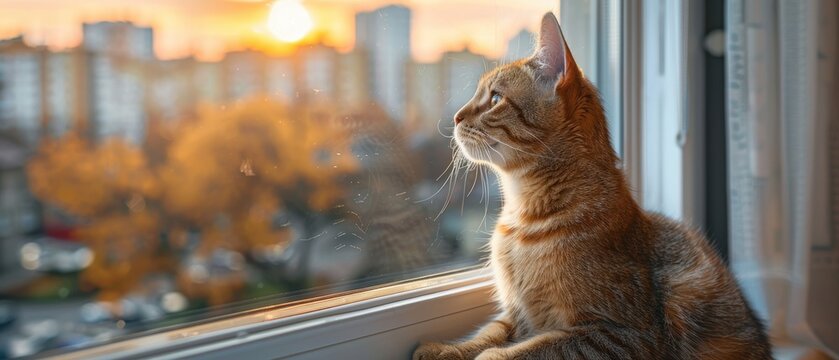 A cat sitting on a windowsill with a city view