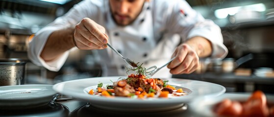 A chef garnishing a gourmet dish, great for culinary and food photography