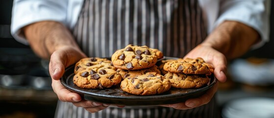 A chef holding a tray of freshly baked cookies, great for culinary and home baking