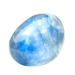 A smooth, oval-shaped gemstone with a light blue, iridescent surface.  The stone is smooth and polished.