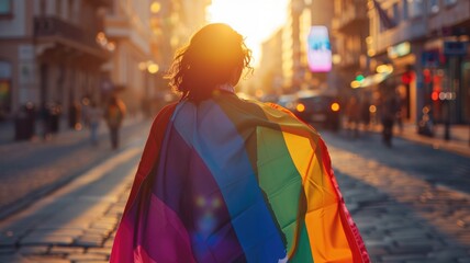 Obraz premium Person wrapped in rainbow flag walking through city street at sunset