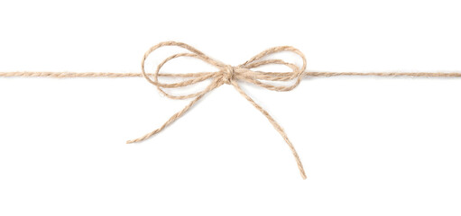 Linen rope string with bow isolated on white, top view
