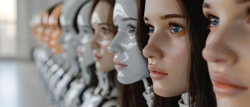 AI-driven robot women with lifelike features, lined up in a row, showcasing advanced technology and human-like design