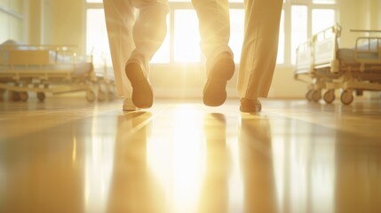 Compassionate Nurse Assisting Elderly Man in Rehabilitation Setting with Warm Encouragement from Low Angle View