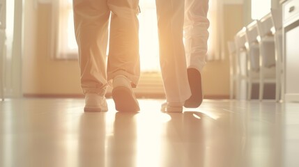 Gentle Care and Support: Nurse Helping Elderly Man Walk in Assisted Living Facility