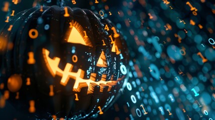 Halloween pumpkin with binary code overlay and glowing face, combining festive and digital elements in a vibrant scene