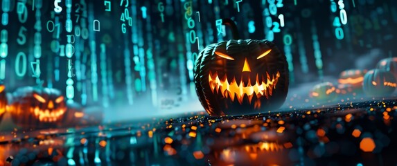 Scary pumpkin with a digital code background, merging Halloween and technology themes in a dark, eerie scene