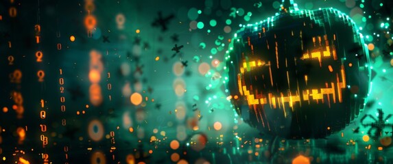 A glowing voxel Halloween pumpkin adorned with green and orange digital lights. The dark, high-tech environment features floating numbers and symbols, creating a spooky and futuristic atmosphere