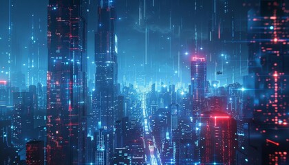 Obraz premium A futuristic digital cityscape with blue and red lights