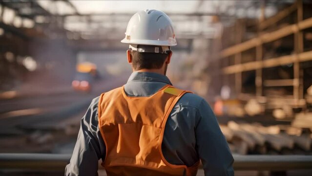 Project Construction Engineer Foreman at Construction Site: Rear View. Concept Construction Site Management, Engineering Tasks, Foreman Responsibilities, Project Execution, Team Supervision