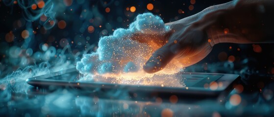 A close-up of a hand accessing cloud data on a tablet